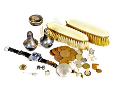 Various bygones, collectables, etc.  a silver and enamel part dressing table set, comprising of two clothes brushes, with yel