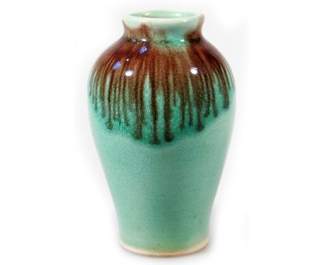 A 19thC miniature Chinese baluster porcelain vase, splash decorated in brown on a green ground, 7cm H.