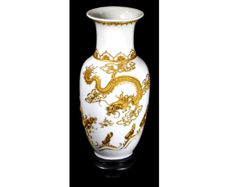 An early 20thC bullion work Chinese porcelain vase, with trumpet stem and shouldered circular body, raised with dragons and l