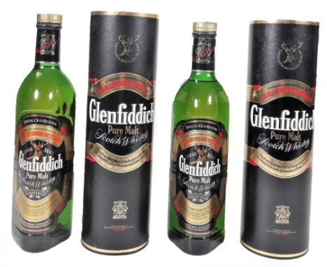 Two bottles of Glenfiddich Pure Malt Scotch Whisky, in cylinder tubes, 31cm H.  (2)
