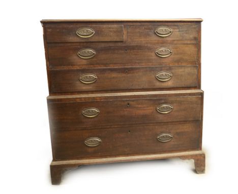 A George III mahogany East Yorkshire chest, in two parts, of two short and four graduated long graduated drawers, with later 