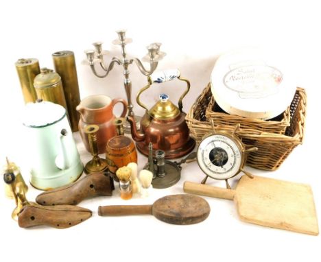 Various bygones, collectables, metalware, etc. early 20thC copper and brass kettle with ceramic handle, 29cm H, other brass w
