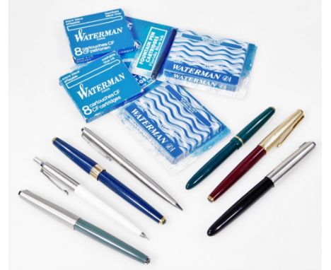 Various fountain pens, etc. Parker, two coloured example with chrome clip and lid, 13cm W, another with enclosed 14K nib in b