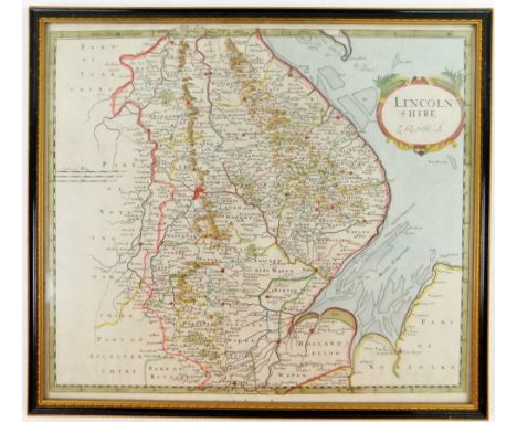 After Robert Morden. Map of Lincolnshire, picked out in colours, 38cm x 43cm, in a Hogarth frame.