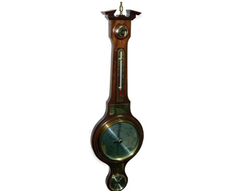 A 20thC mahogany cased four dial banjo barometer, the 15cm Dia. dial  in a broken pedimented hood with upper bull's eye glass