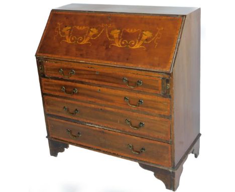 An Edwardian mahogany Sheraton Revival  bureau, the fall front with a wide crossbanding, inlaid and painted with garlands and