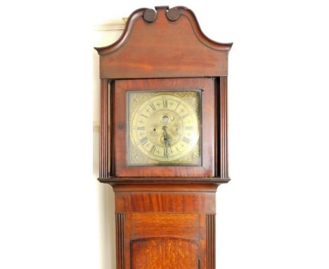 R. Schofield, Rochdale, an early 18thC oak and mahogany longcase clock, with a shaped top, square reeded pillars to the hood 