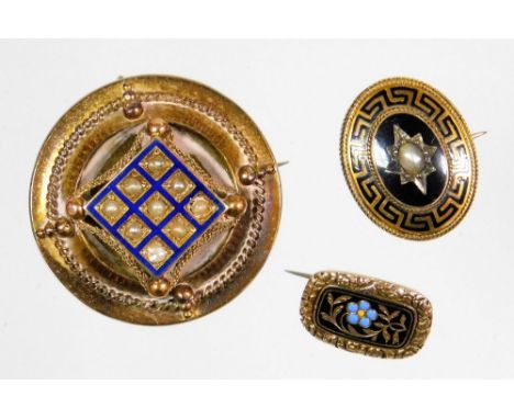 Three Victorian memorial brooches, to include a small enamel set memorial brooch, with inscription to rear George Price Novem