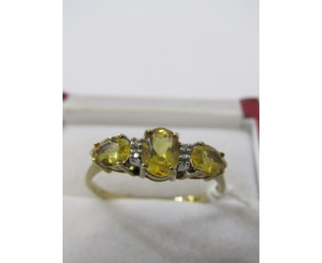 9ct YELLOW GOLD CITRINE &amp; DIAMOND RING, principal oval cut citrine set with pear cut citrine set to each shoulder, sepera