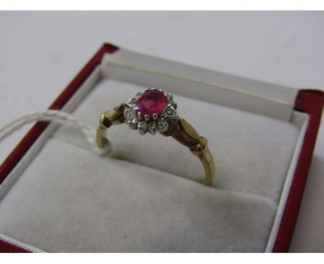 18ct YELLOW GOLD RUBY &amp; DIAMOND CLUSTER RING, principal oval cut ruby of good colour and clarity, surrounded by 12 claw s