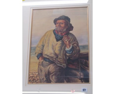 CORNISH SCHOOL, unsigned watercolour "Portrait of Fisherman smoking pipe", 19" x 13.5" 