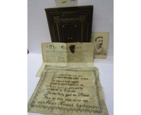 VICTORIAN PHOTO ALBUM, embossed leather album with chromolithograph interior, together with unframed mid Victorian needlework