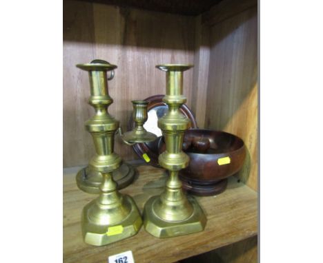 METALWARE, brass weighted base students candle stick; also pair of Victorian brass 10" candle sticks, treen nut cracker and b