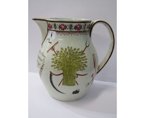 PEARLWARE HARVEST JUG, a good enamelled Farmers harvest jug decorated with farm tools and verse, "Success to the Plough", 9.5