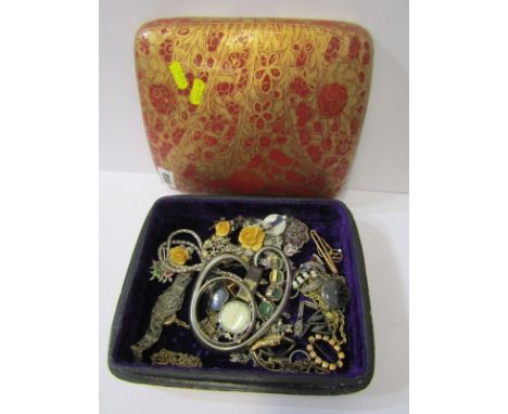 COSTUME JEWELLERY, laquered box containing selection costume jewellery and watches, including white metal necklace, blue ston