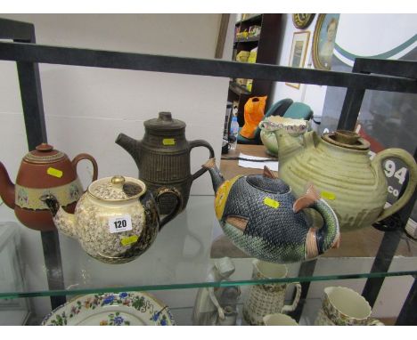 POTTERY TEAPOTS, a Victorian majolica novelty teapot &amp; cover in the form of a fish (spout repaired) a Fenton Redware teap