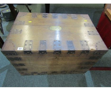 VICTORIAN TRUNK, metal banded oak twin handled travelling trunk with ownership plaque of Rev Joseph C Hoare- Anglian Bishop o