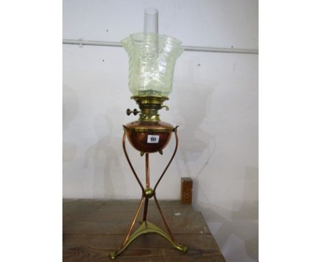 ARTS &amp; CRAFTS OIL LAMP, copper &amp; brass tripod base oil lamp with green vaseline glass, crinoline shade 
