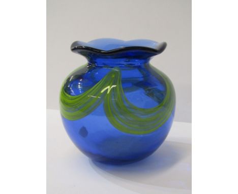 ART GLASS, diamond point signature, blue crinoline neck posy vase, 4.5" height 