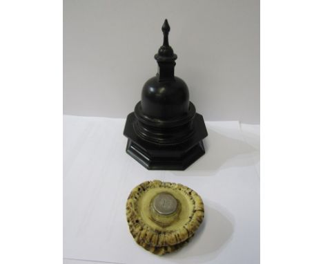 SNUFF BOX, unusual turned antler snuff box and ebony domed ring box 