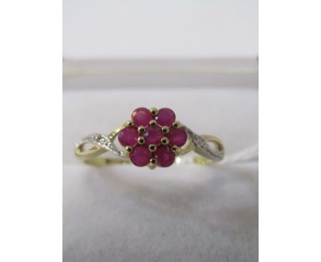 9ct YELLOW GOLD RUBY &amp; DIAMOND CLUSTER RING, 7 principal rubies in a floral design cluster, with accent diamonds to each 