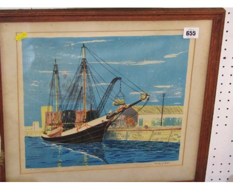 MICHAEL KITT, signed limited edition coloured wood block print "Unloading the Boat at Dockside", 11.5" x 13" 