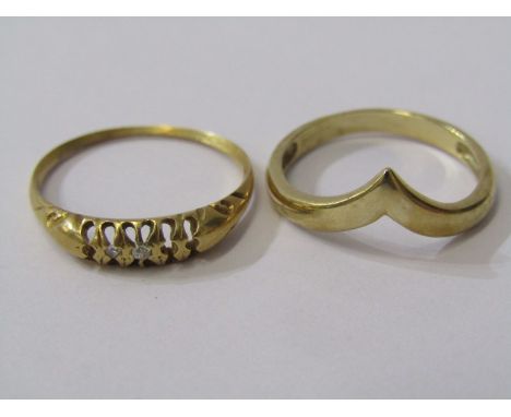 GOLD RINGS, 9ct gold wishbone style ring, also an antique 18ct gold ring set a diamond chip(further diamonds missing) 3.2 gra