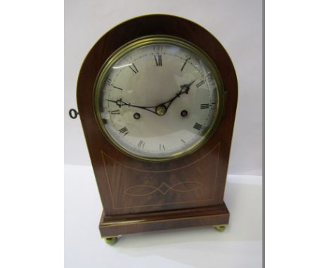 REGENCY DESIGN BRACKET CLOCK, inlaid mahogany domed top bracket clock with satin finish circular dial and coiled bar strike, 