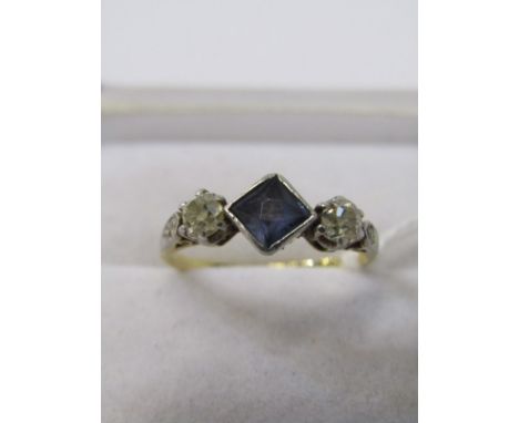 3 STONE SAPPHIRE &amp; DIAMOND RING, 18ct yellow gold with central lozenge form sapphire surrounded by 2 round brilliant cut 