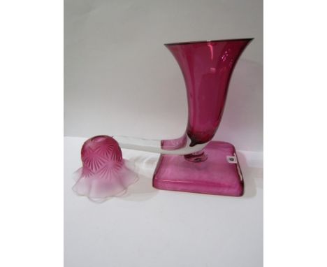 CRANBERRY GLASS, Cornucopia vase, 11.5" height, together with Edwardian frosted cranberry glass crinoline light shade 
