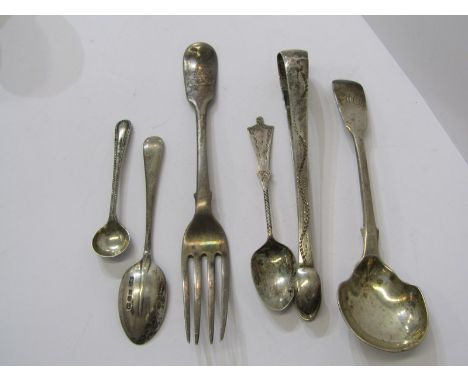 SILVER CUTLERY, Georgian bright cut sugar tongs, condiment spoon &amp; small collection of cutlery, approximately 4oz 