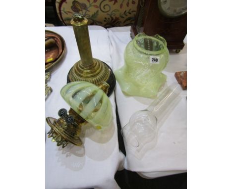 EDWARDIAN OIL LAMP, green vaseline glass reservoir, brass column support oil lamp (requires repair) with original crinoline s