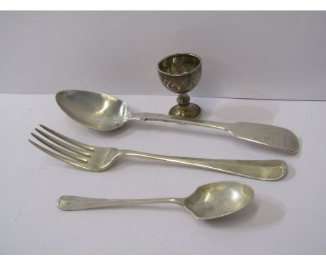 SILVER CUTLERY, Victorian fiddle pattern silver dessert spoon also Victorian silver fork &amp; two other pieces, approximatel