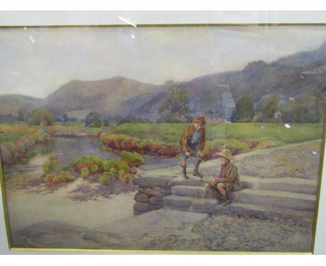 FLORENCE M. GILL, signed watercolour "Children on Riverside Steps", 13.5" x 18" 