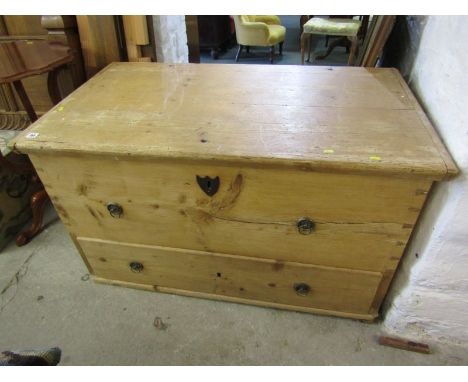 STRIPPED PINE MULE CHEST, base drawer with metal ring drop handles, 46" width 