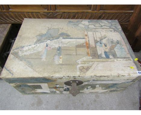 CHINOISERIE TRUNK, painted metal trunk decorated with Chinese garden scene, 31" width 