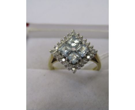 18ct YELLOW GOLD AQUAMARINE &amp; DIAMOND CLUSTER RING, 4 princess cut aquamarine stones surrounded by 4 set brilliant cut di