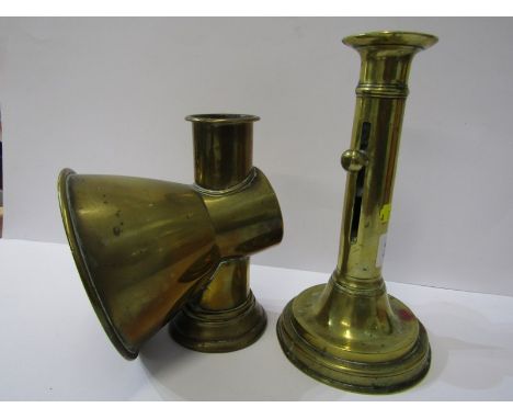 ANTIQUE LIGHTING, brass circular base projector candlestick with light shield. 