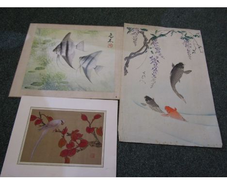 ORIENTAL ART, signed Japanese colour woodblock, "Exotic Fish", also signed oriental watercolour "Angel Fish" and 1 other 