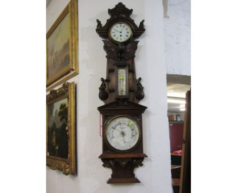 MAPPIN &amp; WEBB BAROMETER, ornate carved oak architectural design barometer combined clock, 44" height 