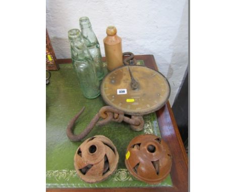SPRING BALANCE SCALES, a Salter 20T brass faced spring balanced, two glass bottles, two carved nuts etc 