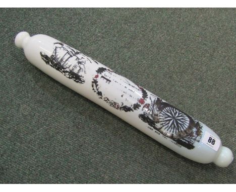 MILK GLASS ROLLING PIN, 19th Century hanging rolling pin with maritime verse and decoration, 16" 