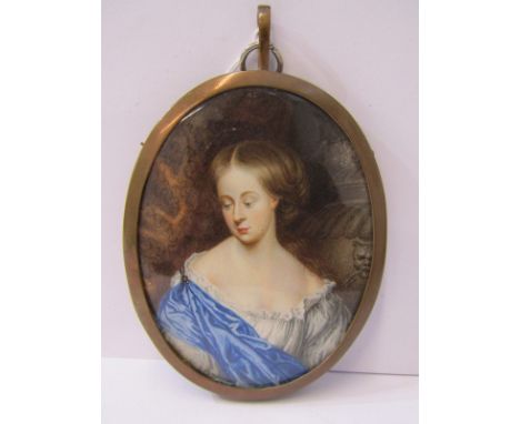 ANTIQUE PORTRAIT MINIATURE, oval pendant mounted portrait of young lady with blue sash over white blouse 