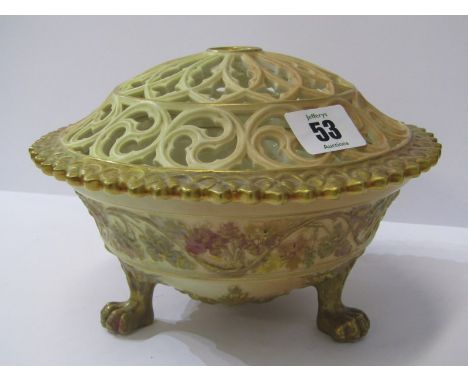 ROYAL WORCESTER POT POURRI, gilt blush lidded circular pot pourri bowl on triple gilded claw feet, 7.5" dia, rim restoration 