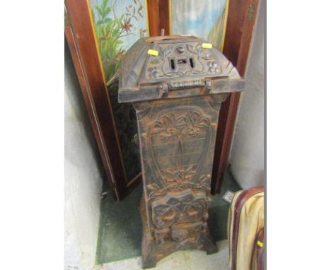 ART NOUVEAU, cast iron log burner by "C H", Appletree design panels; 38.5" height 