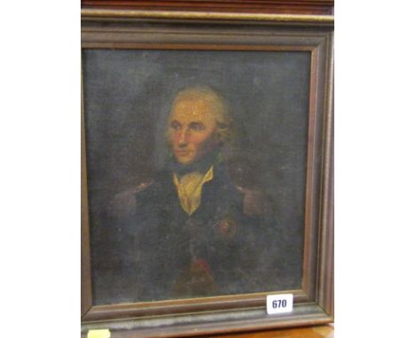 NELSON, 19th Century oil on laid canvas "Portrait of Lord Nelson", 11" x 9.5" 