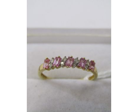 18ct YELLOW GOLD PINK SAPPHIRE &amp; DIAMOND HALF ETERNITY STYLE RING, 7 emerald cut pink sapphires each stone seperated by a