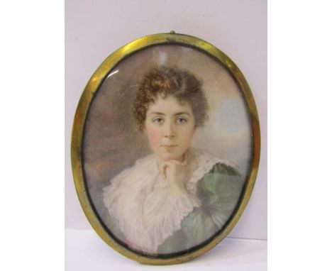 OVAL PORTRAIT MINIATURE, indistinctly signed, "Portrait of lady in lace trimmed green dress" 