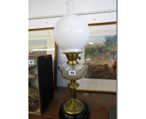 EDWARDIAN OIL LAMP, brass column support oil lamp with cut glass reservoir and milk glass shade 