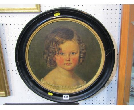 19TH CENTURY ENGLISH SCHOOL, oil on canvas laid down, circular portrait of Child, indistinctly signed and inscribed to revers